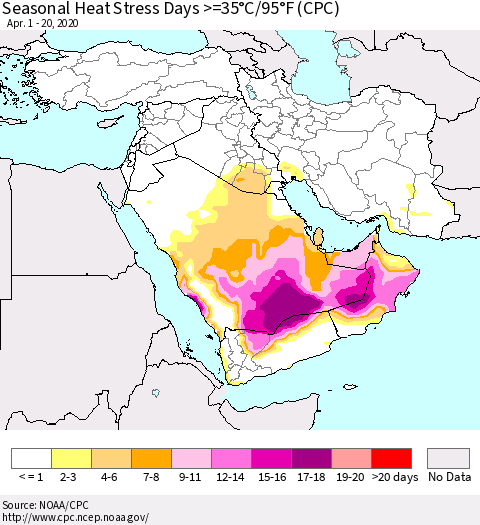 Middle East and Turkey Seasonal Heat Stress Days >=35°C/95°F (CPC) Thematic Map For 4/1/2020 - 4/20/2020