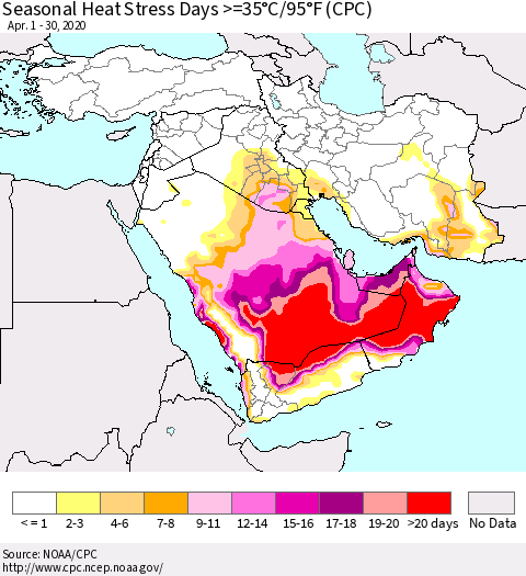 Middle East and Turkey Seasonal Heat Stress Days >=35°C/95°F (CPC) Thematic Map For 4/1/2020 - 4/30/2020