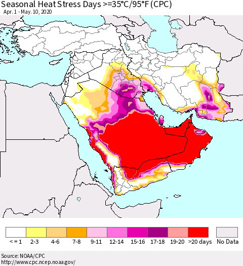 Middle East and Turkey Seasonal Heat Stress Days >=35°C/95°F (CPC) Thematic Map For 4/1/2020 - 5/10/2020