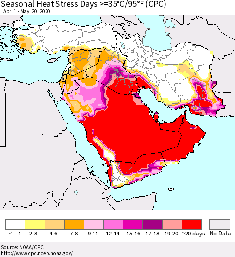 Middle East and Turkey Seasonal Heat Stress Days >=35°C/95°F (CPC) Thematic Map For 4/1/2020 - 5/20/2020