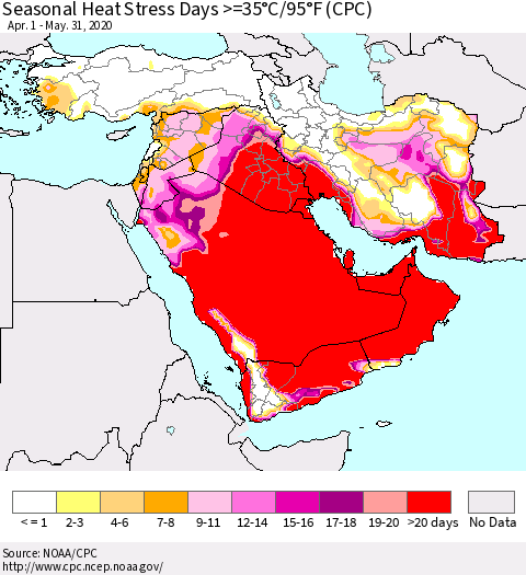 Middle East and Turkey Seasonal Heat Stress Days >=35°C/95°F (CPC) Thematic Map For 4/1/2020 - 5/31/2020