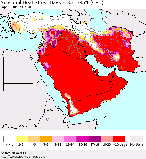Middle East and Turkey Seasonal Heat Stress Days >=35°C/95°F (CPC) Thematic Map For 4/1/2020 - 6/20/2020