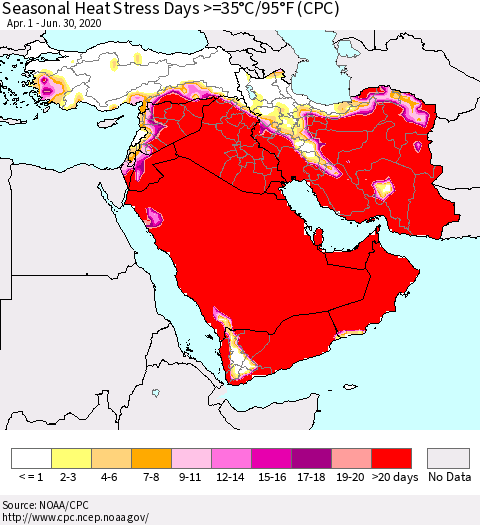 Middle East and Turkey Seasonal Heat Stress Days >=35°C/95°F (CPC) Thematic Map For 4/1/2020 - 6/30/2020