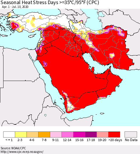 Middle East and Turkey Seasonal Heat Stress Days >=35°C/95°F (CPC) Thematic Map For 4/1/2020 - 7/10/2020