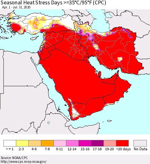 Middle East and Turkey Seasonal Heat Stress Days >=35°C/95°F (CPC) Thematic Map For 4/1/2020 - 7/31/2020