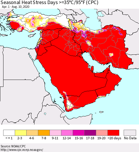 Middle East and Turkey Seasonal Heat Stress Days >=35°C/95°F (CPC) Thematic Map For 4/1/2020 - 8/10/2020