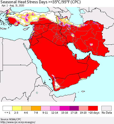 Middle East and Turkey Seasonal Heat Stress Days >=35°C/95°F (CPC) Thematic Map For 4/1/2020 - 8/31/2020