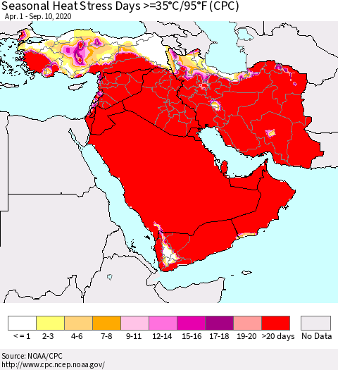 Middle East and Turkey Seasonal Heat Stress Days >=35°C/95°F (CPC) Thematic Map For 4/1/2020 - 9/10/2020