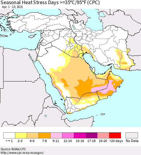 Middle East and Turkey Seasonal Heat Stress Days >=35°C/95°F (CPC) Thematic Map For 4/1/2021 - 4/10/2021