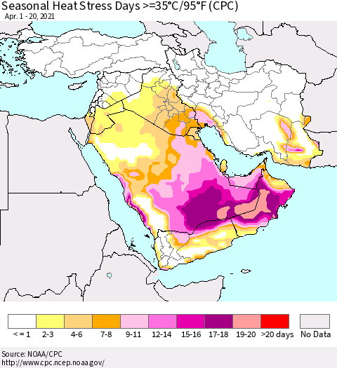 Middle East and Turkey Seasonal Heat Stress Days >=35°C/95°F (CPC) Thematic Map For 4/1/2021 - 4/20/2021