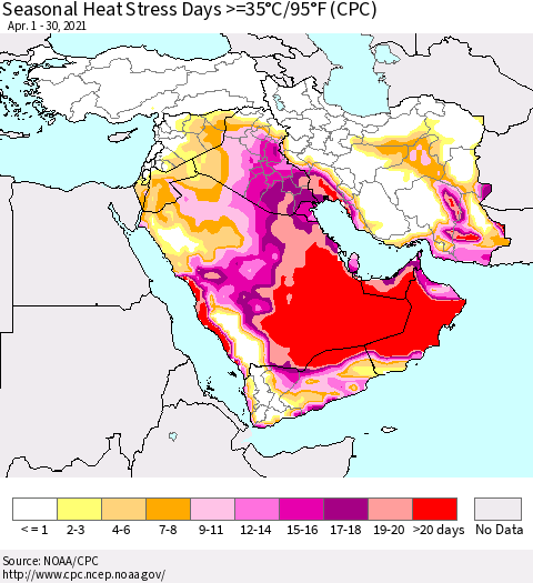 Middle East and Turkey Seasonal Heat Stress Days >=35°C/95°F (CPC) Thematic Map For 4/1/2021 - 4/30/2021