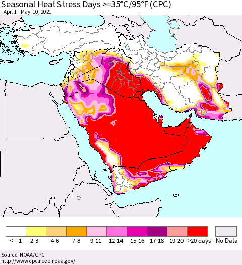 Middle East and Turkey Seasonal Heat Stress Days >=35°C/95°F (CPC) Thematic Map For 4/1/2021 - 5/10/2021