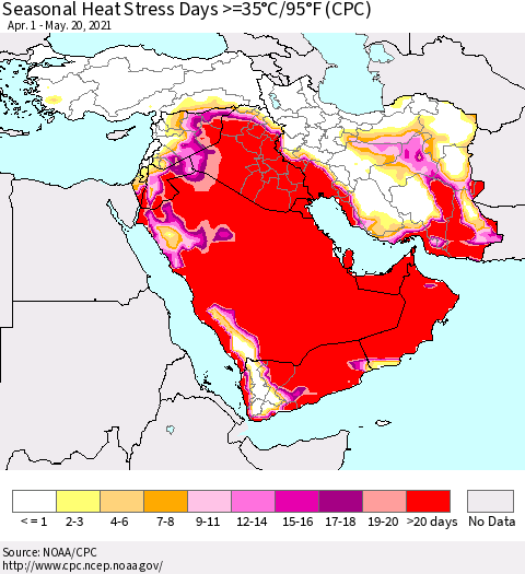 Middle East and Turkey Seasonal Heat Stress Days >=35°C/95°F (CPC) Thematic Map For 4/1/2021 - 5/20/2021