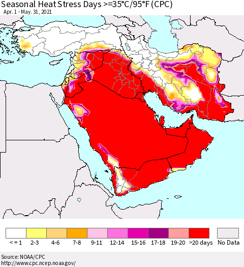 Middle East and Turkey Seasonal Heat Stress Days >=35°C/95°F (CPC) Thematic Map For 4/1/2021 - 5/31/2021
