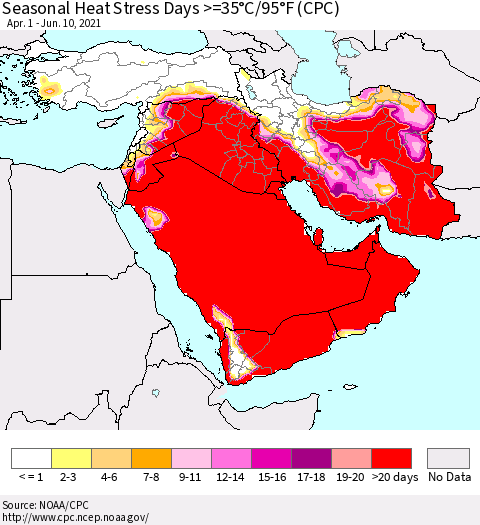 Middle East and Turkey Seasonal Heat Stress Days >=35°C/95°F (CPC) Thematic Map For 4/1/2021 - 6/10/2021