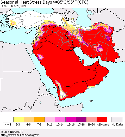 Middle East and Turkey Seasonal Heat Stress Days >=35°C/95°F (CPC) Thematic Map For 4/1/2021 - 6/20/2021