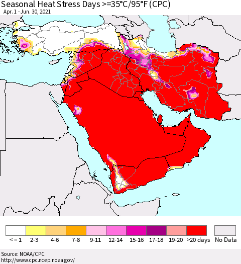 Middle East and Turkey Seasonal Heat Stress Days >=35°C/95°F (CPC) Thematic Map For 4/1/2021 - 6/30/2021