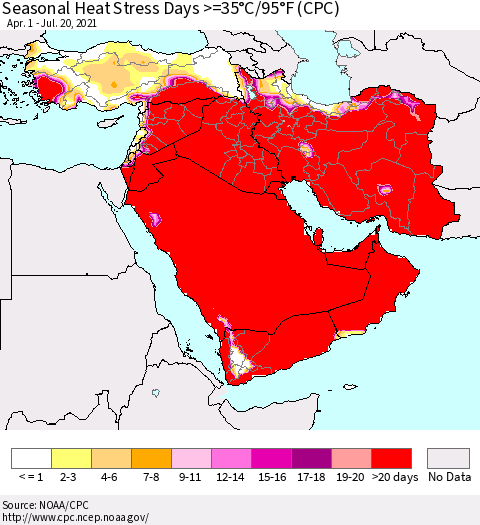 Middle East and Turkey Seasonal Heat Stress Days >=35°C/95°F (CPC) Thematic Map For 4/1/2021 - 7/20/2021