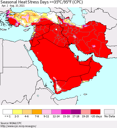 Middle East and Turkey Seasonal Heat Stress Days >=35°C/95°F (CPC) Thematic Map For 4/1/2021 - 8/10/2021