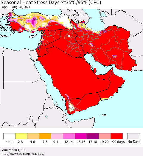 Middle East and Turkey Seasonal Heat Stress Days >=35°C/95°F (CPC) Thematic Map For 4/1/2021 - 8/31/2021