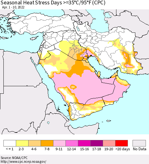 Middle East and Turkey Seasonal Heat Stress Days >=35°C/95°F (CPC) Thematic Map For 4/1/2022 - 4/10/2022