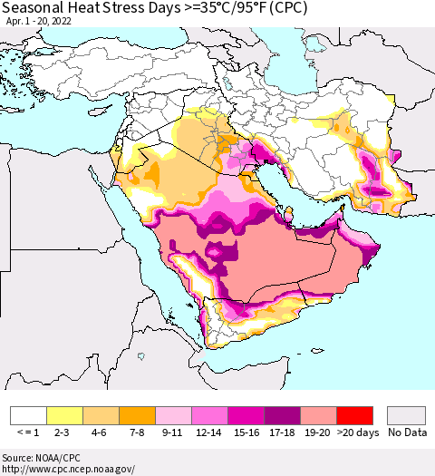 Middle East and Turkey Seasonal Heat Stress Days >=35°C/95°F (CPC) Thematic Map For 4/1/2022 - 4/20/2022