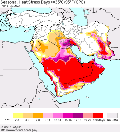 Middle East and Turkey Seasonal Heat Stress Days >=35°C/95°F (CPC) Thematic Map For 4/1/2022 - 4/30/2022