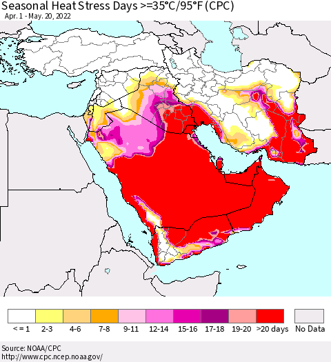 Middle East and Turkey Seasonal Heat Stress Days >=35°C/95°F (CPC) Thematic Map For 4/1/2022 - 5/20/2022