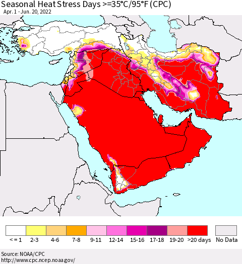 Middle East and Turkey Seasonal Heat Stress Days >=35°C/95°F (CPC) Thematic Map For 4/1/2022 - 6/20/2022