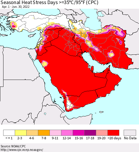 Middle East and Turkey Seasonal Heat Stress Days >=35°C/95°F (CPC) Thematic Map For 4/1/2022 - 6/30/2022