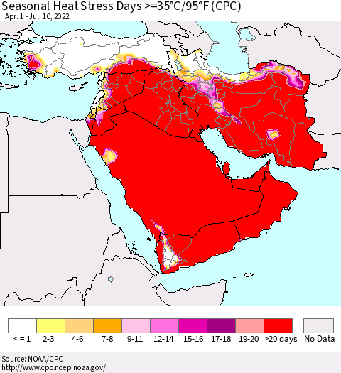 Middle East and Turkey Seasonal Heat Stress Days >=35°C/95°F (CPC) Thematic Map For 4/1/2022 - 7/10/2022
