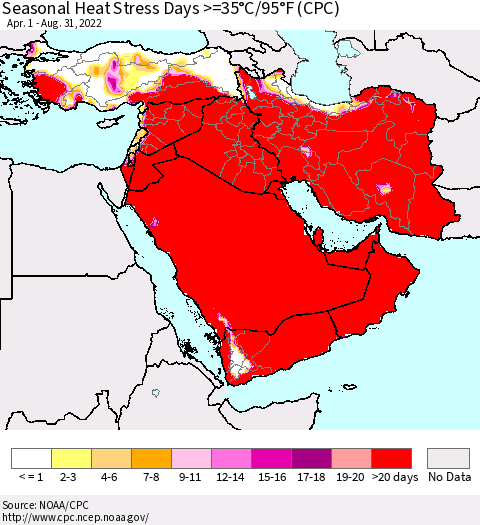 Middle East and Turkey Seasonal Heat Stress Days >=35°C/95°F (CPC) Thematic Map For 4/1/2022 - 8/31/2022