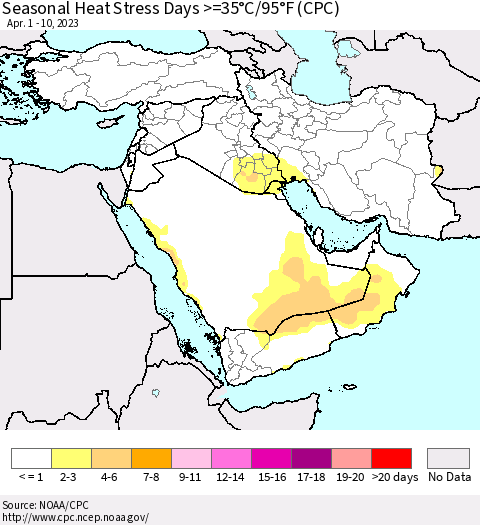 Middle East and Turkey Seasonal Heat Stress Days >=35°C/95°F (CPC) Thematic Map For 4/1/2023 - 4/10/2023