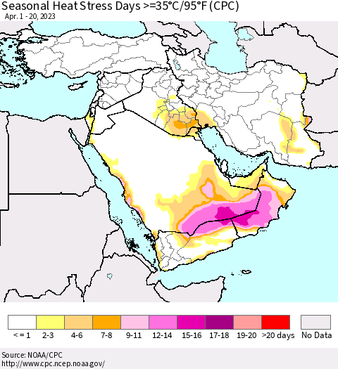 Middle East and Turkey Seasonal Heat Stress Days >=35°C/95°F (CPC) Thematic Map For 4/1/2023 - 4/20/2023