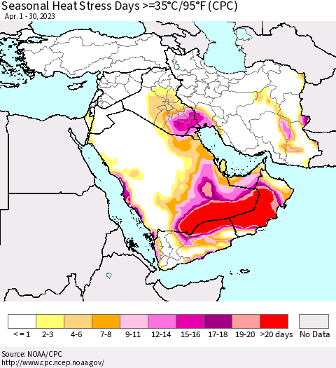 Middle East and Turkey Seasonal Heat Stress Days >=35°C/95°F (CPC) Thematic Map For 4/1/2023 - 4/30/2023