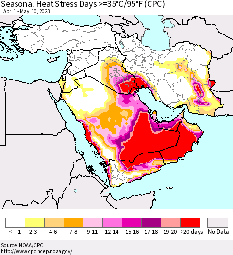 Middle East and Turkey Seasonal Heat Stress Days >=35°C/95°F (CPC) Thematic Map For 4/1/2023 - 5/10/2023