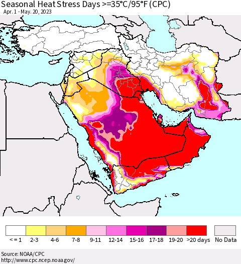 Middle East and Turkey Seasonal Heat Stress Days >=35°C/95°F (CPC) Thematic Map For 4/1/2023 - 5/20/2023