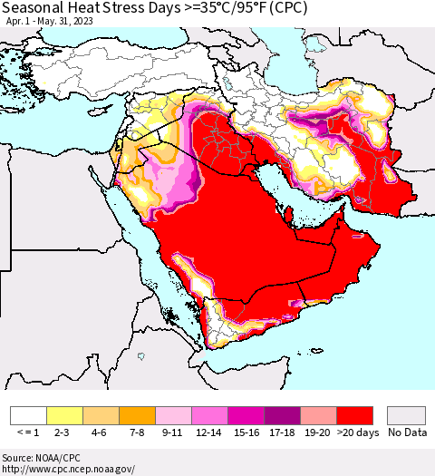 Middle East and Turkey Seasonal Heat Stress Days >=35°C/95°F (CPC) Thematic Map For 4/1/2023 - 5/31/2023