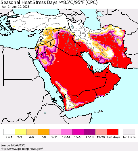 Middle East and Turkey Seasonal Heat Stress Days >=35°C/95°F (CPC) Thematic Map For 4/1/2023 - 6/10/2023
