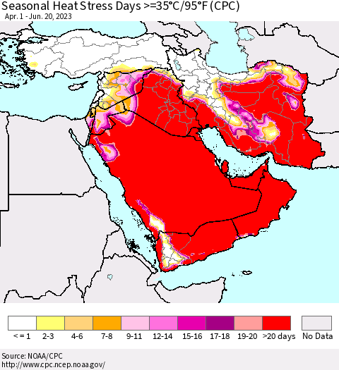 Middle East and Turkey Seasonal Heat Stress Days >=35°C/95°F (CPC) Thematic Map For 4/1/2023 - 6/20/2023