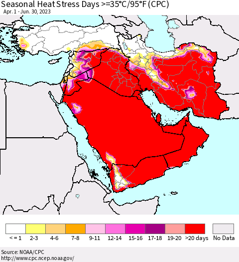 Middle East and Turkey Seasonal Heat Stress Days >=35°C/95°F (CPC) Thematic Map For 4/1/2023 - 6/30/2023