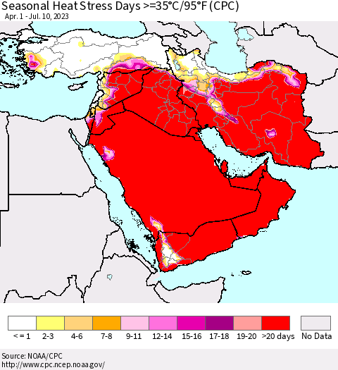 Middle East and Turkey Seasonal Heat Stress Days >=35°C/95°F (CPC) Thematic Map For 4/1/2023 - 7/10/2023
