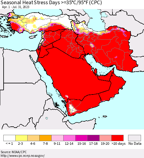 Middle East and Turkey Seasonal Heat Stress Days >=35°C/95°F (CPC) Thematic Map For 4/1/2023 - 7/31/2023