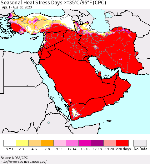 Middle East and Turkey Seasonal Heat Stress Days >=35°C/95°F (CPC) Thematic Map For 4/1/2023 - 8/10/2023