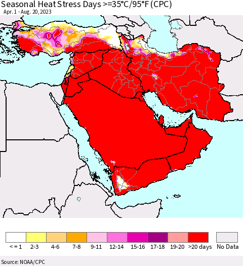 Middle East and Turkey Seasonal Heat Stress Days >=35°C/95°F (CPC) Thematic Map For 4/1/2023 - 8/20/2023