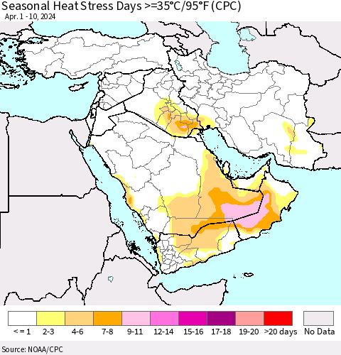 Middle East and Turkey Seasonal Heat Stress Days >=35°C/95°F (CPC) Thematic Map For 4/1/2024 - 4/10/2024