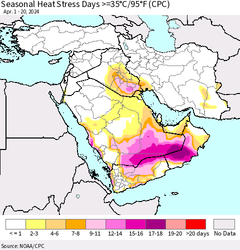 Middle East and Turkey Seasonal Heat Stress Days >=35°C/95°F (CPC) Thematic Map For 4/1/2024 - 4/20/2024