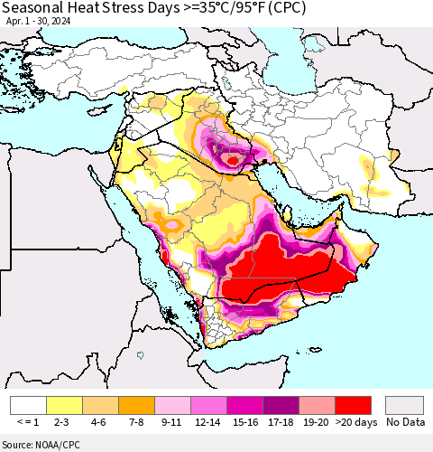 Middle East and Turkey Seasonal Heat Stress Days >=35°C/95°F (CPC) Thematic Map For 4/1/2024 - 4/30/2024