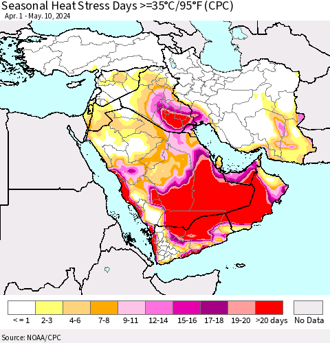 Middle East and Turkey Seasonal Heat Stress Days >=35°C/95°F (CPC) Thematic Map For 4/1/2024 - 5/10/2024