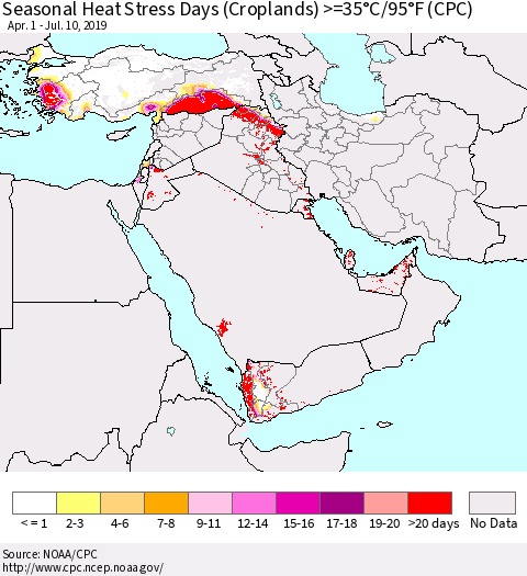 Middle East and Turkey Seasonal Heat Stress Days (Croplands) >=35°C/95°F (CPC) Thematic Map For 4/1/2019 - 7/10/2019